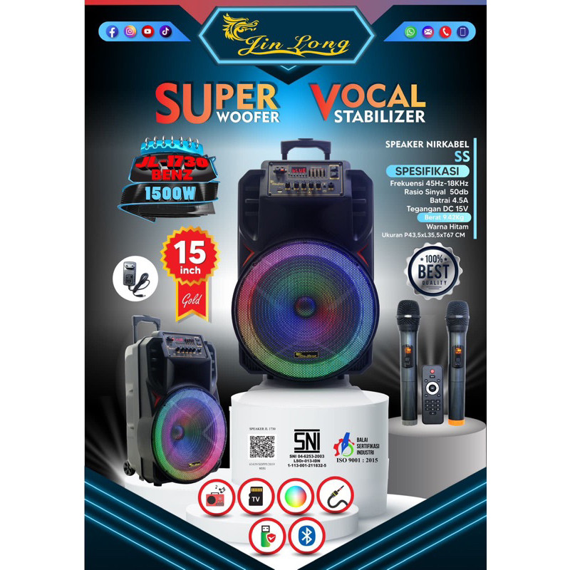 Speaker Aktif Bluetooth Karaoke JINLONG JL-1730 15 In Inci 15 Inch Speaker Portable Plus Mic Wireles