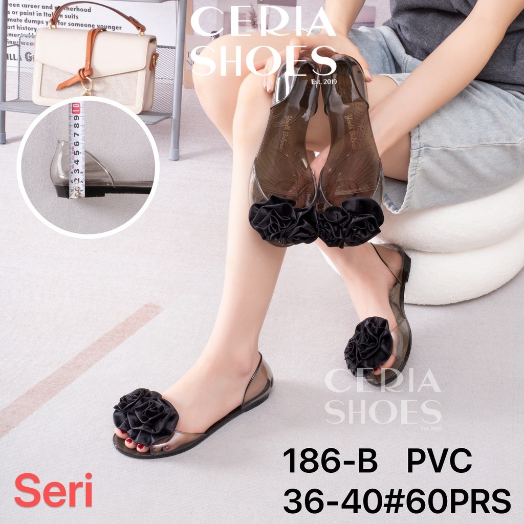 Sepatu Jelly Flat Teplek Wanita Karet Jelly Kaca Import Sol Anti Slip Elastis Model Mawar BALANCE 18