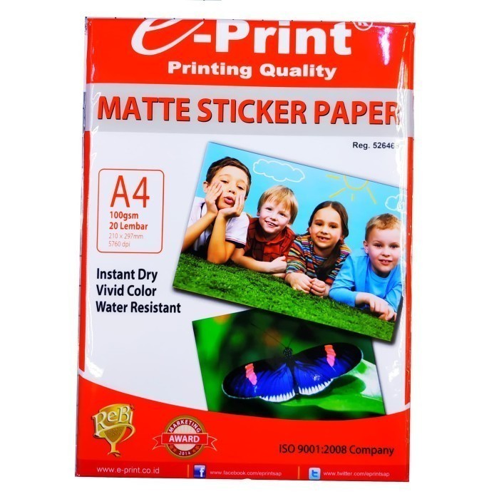 Matte Sticker Paper e-Print A4 100gsm isi 20 lembar Kertas Print.Matte Sticker Paper e-Print A4 100g