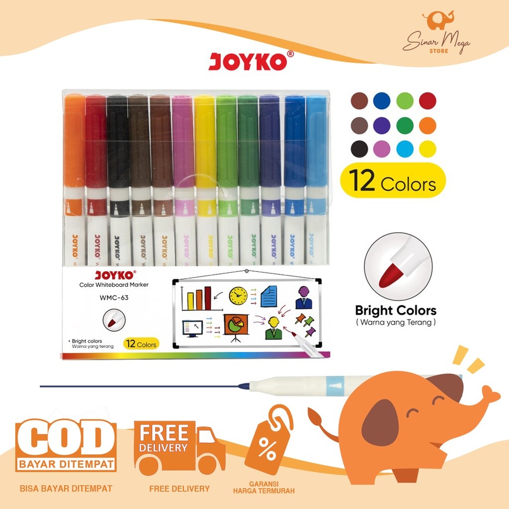 

Joyko Color Whiteboard Marker WMC - 63 12 Warna / Spidol Papan Tulis Warna Warni Murah Berkualitas