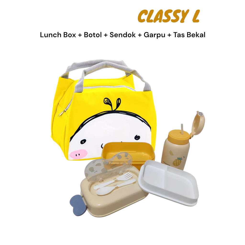 CLASSY L || Kotak Makan Set 2 Layer Botol Sendok Garpu Tas Bekal Kotak Makan 2 Susun Lunch Box Paket