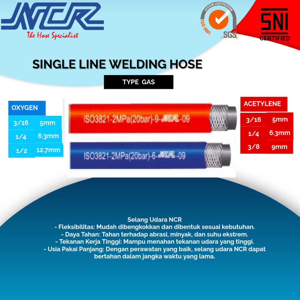 NCR SELANG LAS SINGLE LINE WELDING HOSE ACETYLENE 1/4"