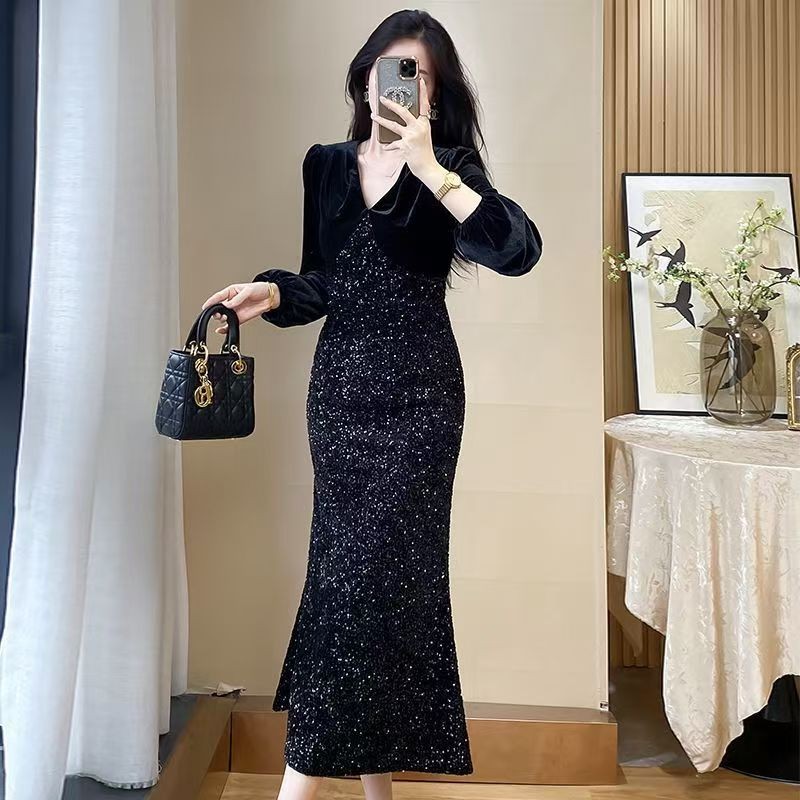 【Ready Stock 】Dress Pesta Hitam Mewah Elegan Korea Premium/Dress Hitam Korea Lengan Panjang