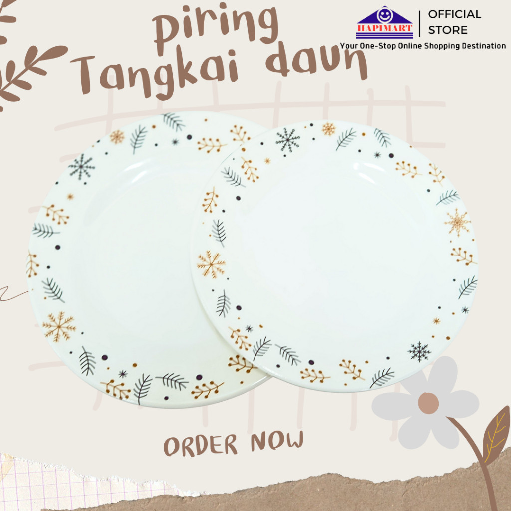 Piring Melamin Bermotif/ Piring Dangkal Melamine Motif Tangkai Daun/Piring Buah Buahan Segar Serbagu