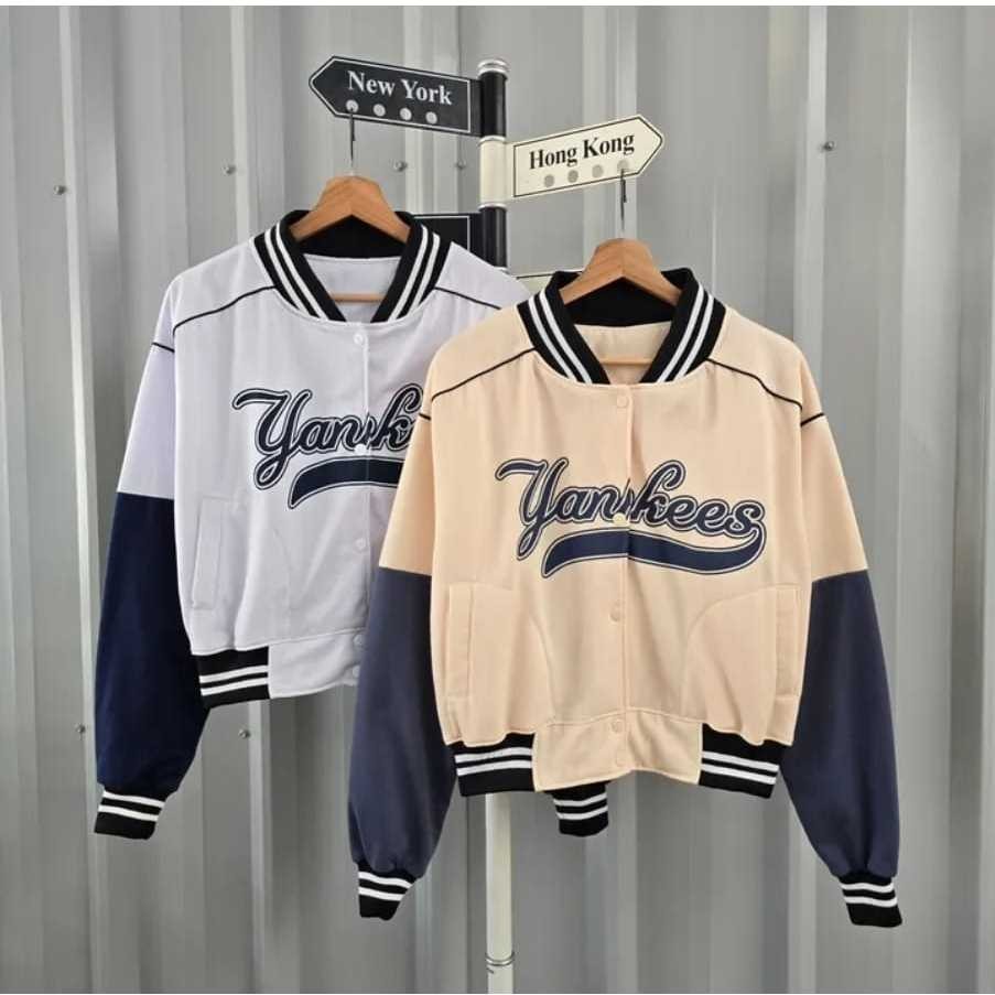 DIJAMIN ORI Yankees Baseball Crop Wanita - Jacket Varsity Basebal Wanita Crop Korean Style Kekinian