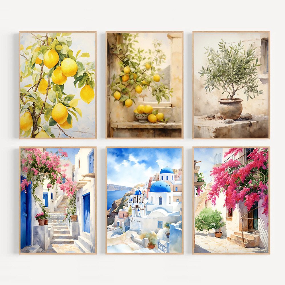 

Retro Mediterranean Greece Italian Lemon Olive Tree Landscape Poster Canvas Painting Wall Art Pictures Home Interior Decor