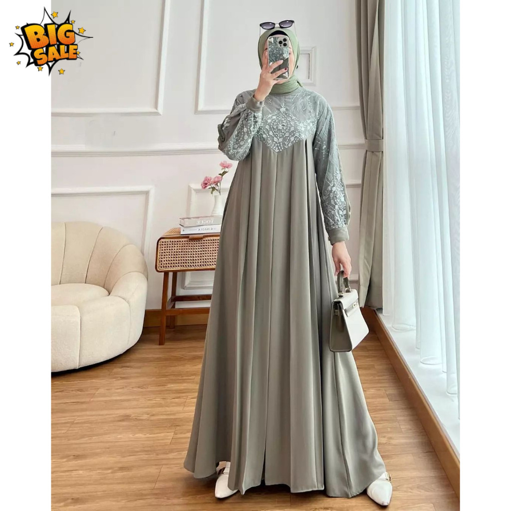 GAMIS WANITA AMEENA BAHAN CERUTY BABYDOLL MIX BRUKAT TILE DRESS KONDANGAN GAMIS WARNA HIJAU DRESS GA