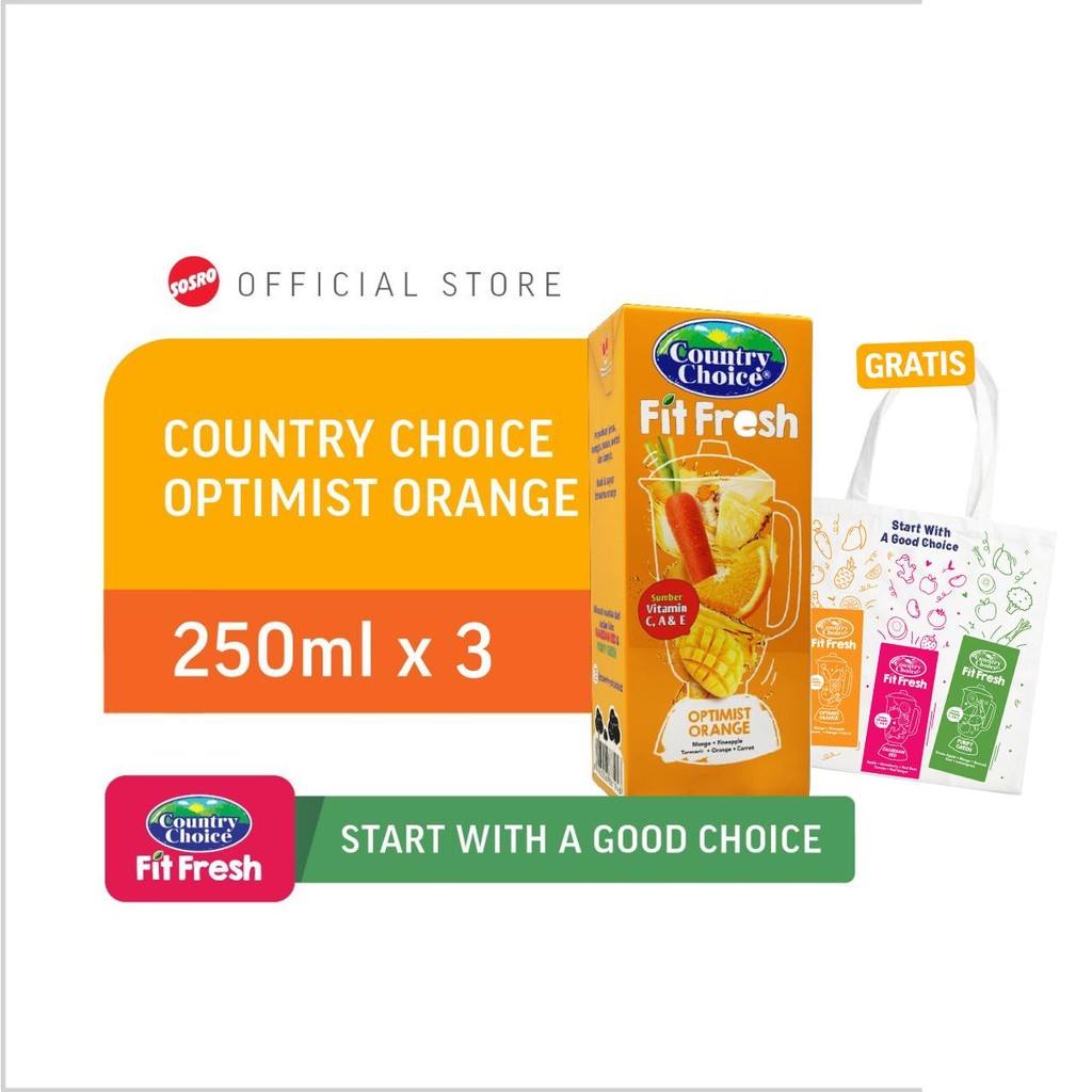 

Country Choice Fit Fresh Jus Buah Sayur Herbal Optimist Orange 250ml - 3 pcs , Free Goodie Bag