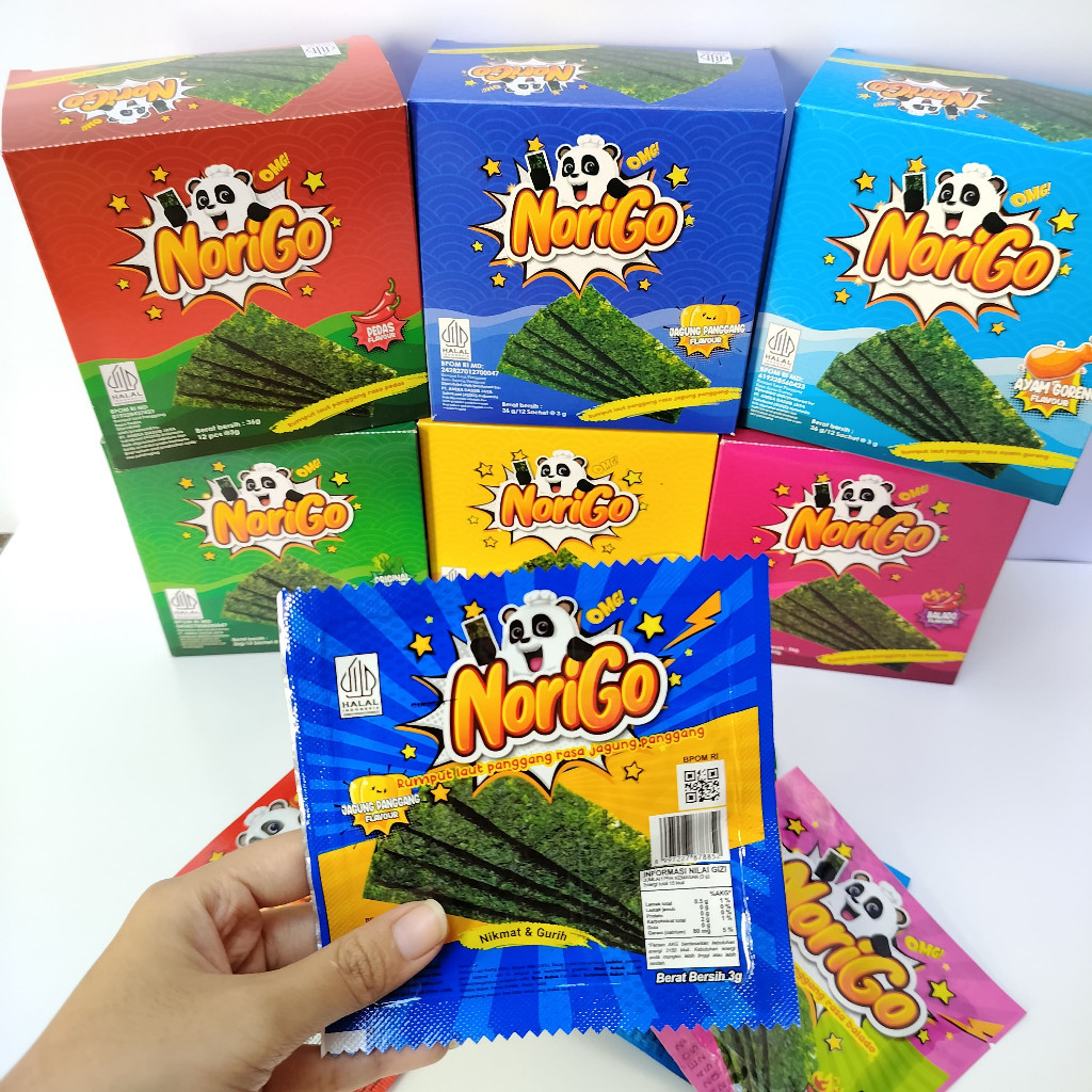 

Norigo (1 BOX ISI 12 PCS) | Nori Sachet Seaweed Snack 3g Rumput Laut Nori Aneka Rasa