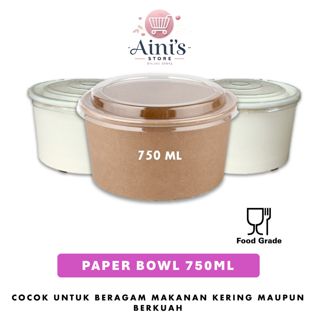 Paper Bowl 750ml Dengan Plus Tutup Wadah Cup Mangkok Tempat Makanan Rice Bowl Kertas Tahan Panas Foo