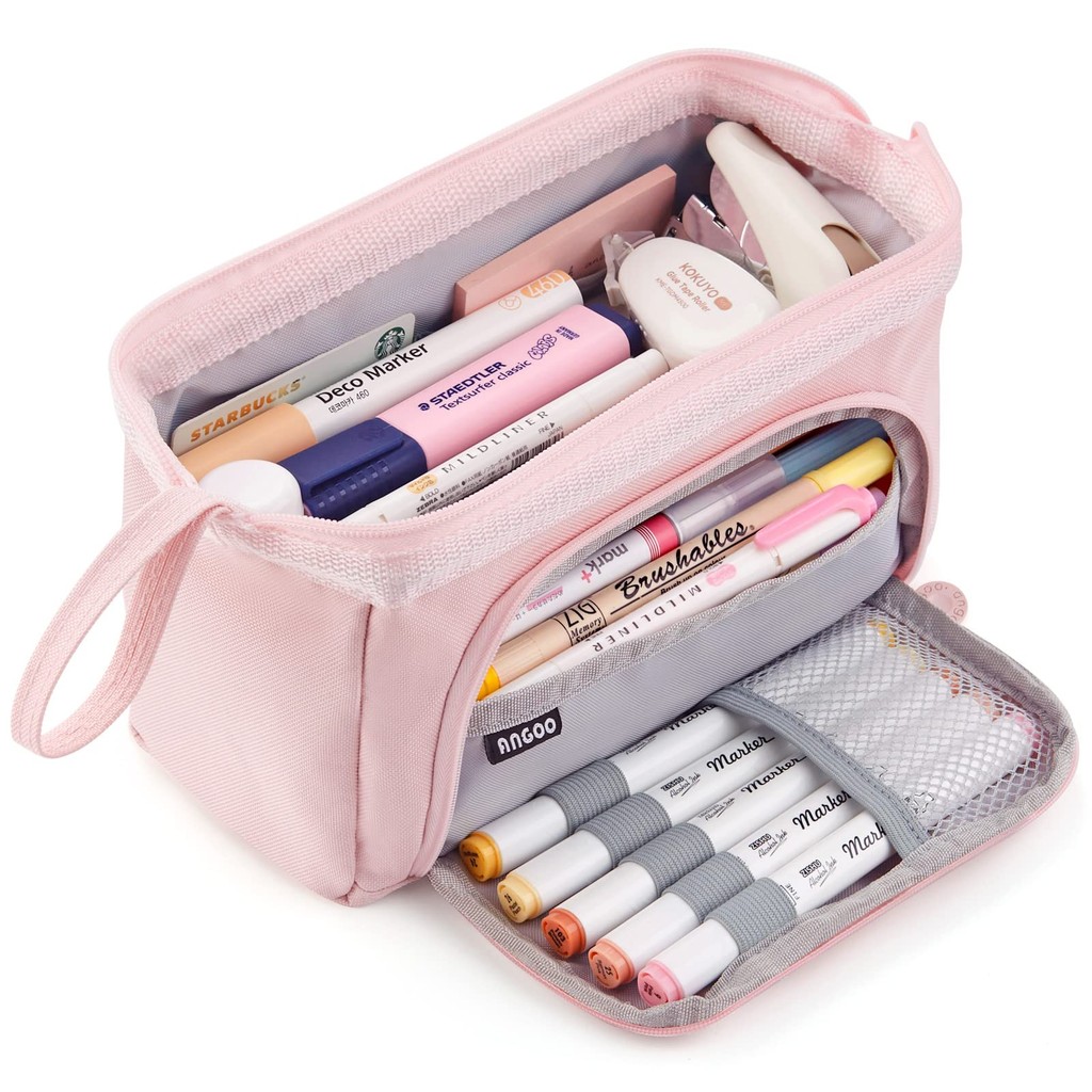 

Pink Multi-Compartment Pencil Case, Large Capacity Pen Organizer with Zipper Closure, Holds Over 50 Pens, Portable Mesh Storage