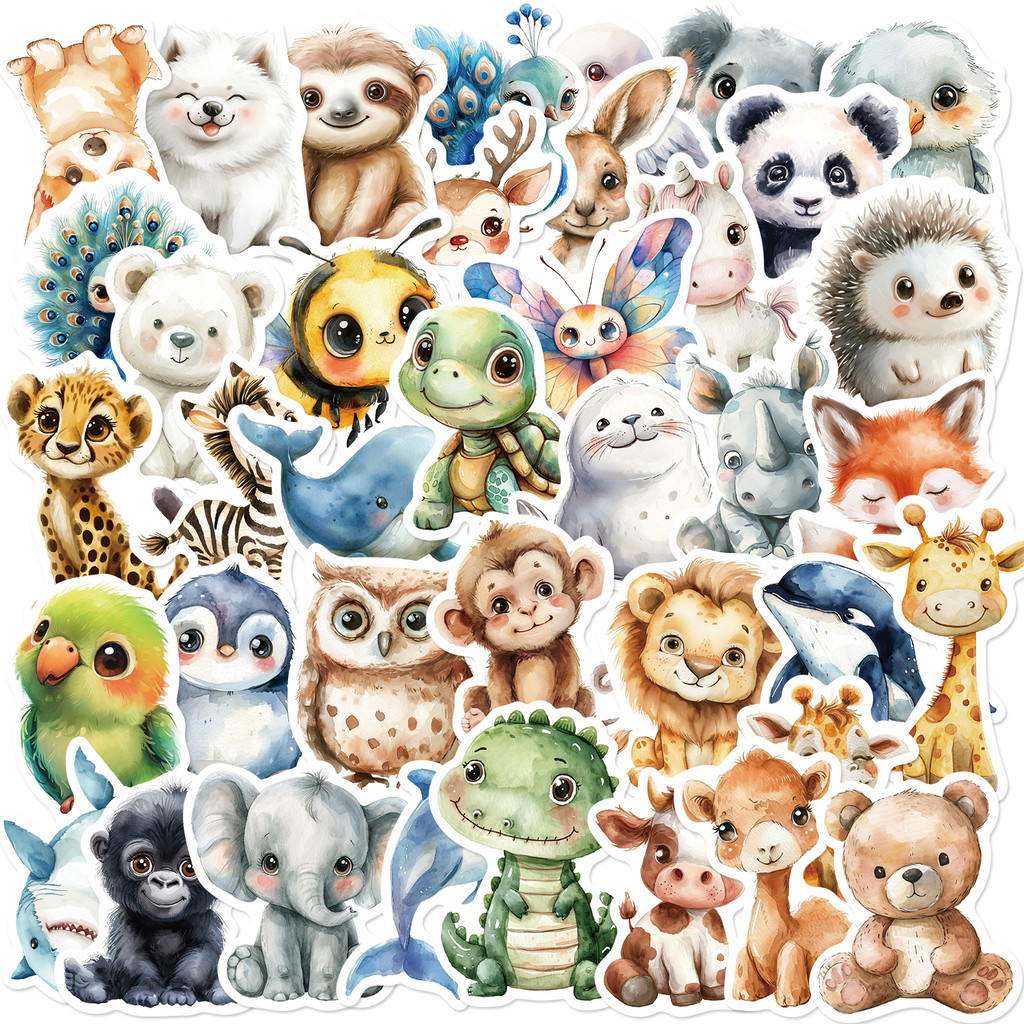 

50PCS Watercolor Animal Sticker Cartoon Cute Waterproof Stickers Creative Trendy Notebook Refrigerator Helmet Car Decoration Toy
