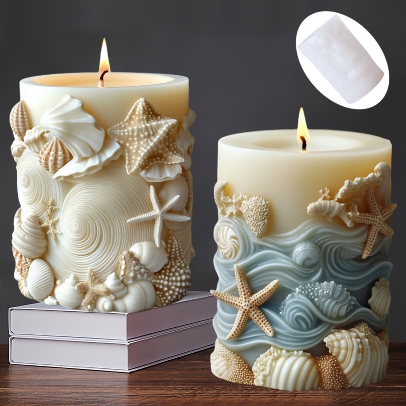 

DIY Ocean style relief cylindrical candle silicone mold starfish conch cylindrical resin mould waves scallop coral gypsum molds
