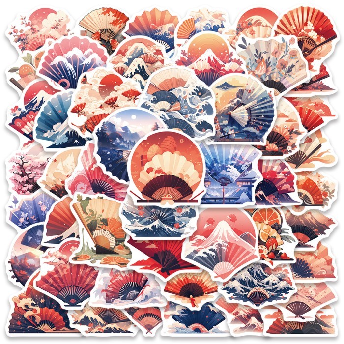 

stiker sticker waterproof 50 pcs japanese theme folding fan kipas