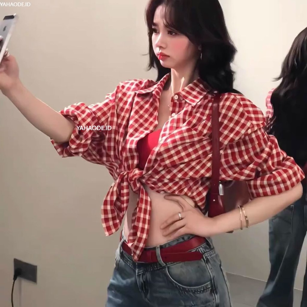 YAHAO-Jaket Kemeja Kotak-kotak Merah Retro Jepang Jaket Pelindung Matahari Kasual Wanita