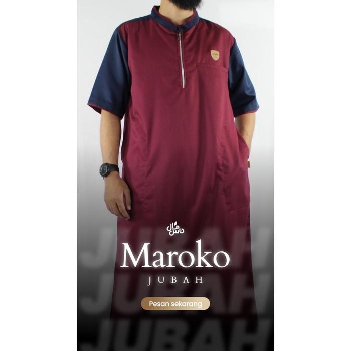 Jubah Pria Gamis Maroko Dewasa Lengan Pendek Bahan Katun Toyobo Premium - Maroon, L