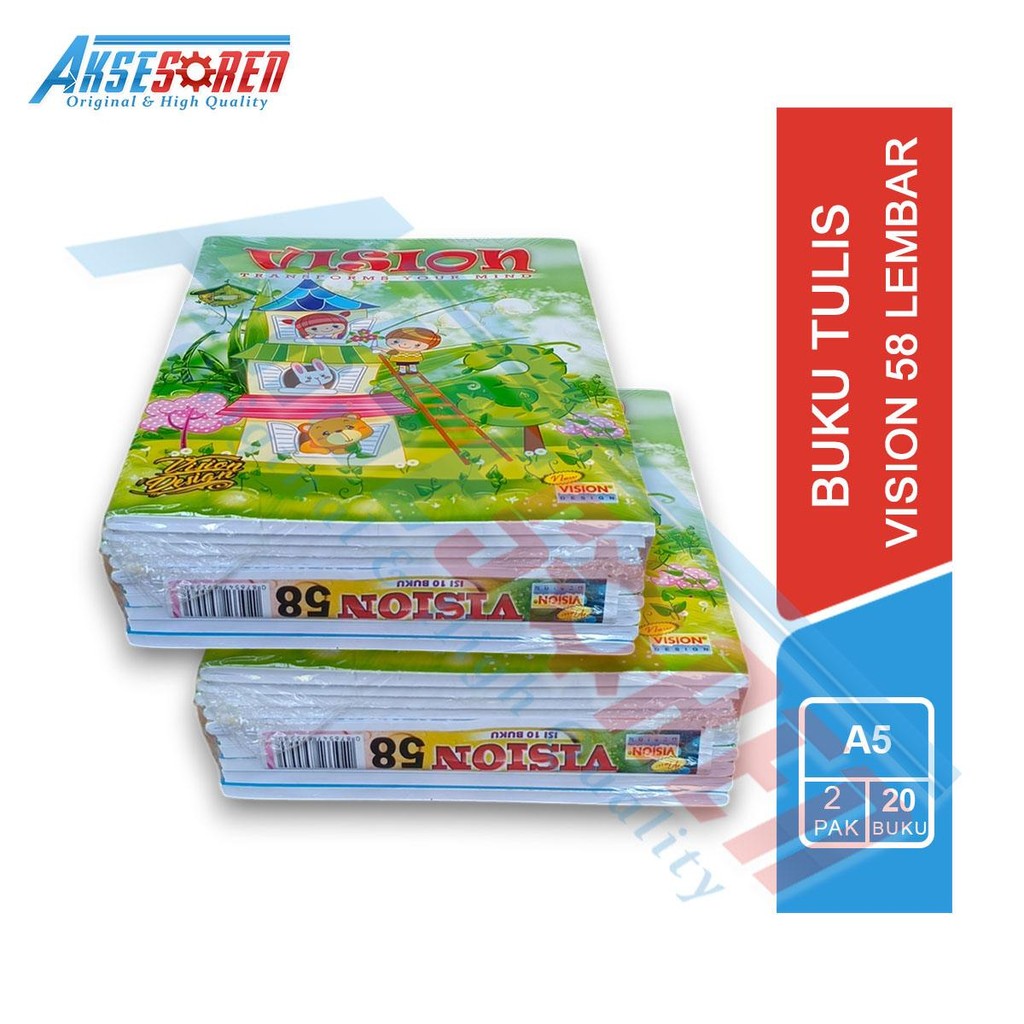 

Aksesoren Buku Tulis Sekolah Vision [Isi 58 Lembar/20 Buku/2 Pack] / Write Book / Buku Sekolah 2 Pak Setara Vision / Alat Tulis Sekolah Lengkap / Perlengkapan Sekolah Untuk Anak Laki Laki dan Perempuan / Buku Tulis Murah 2 Pak Kertas Paper A5