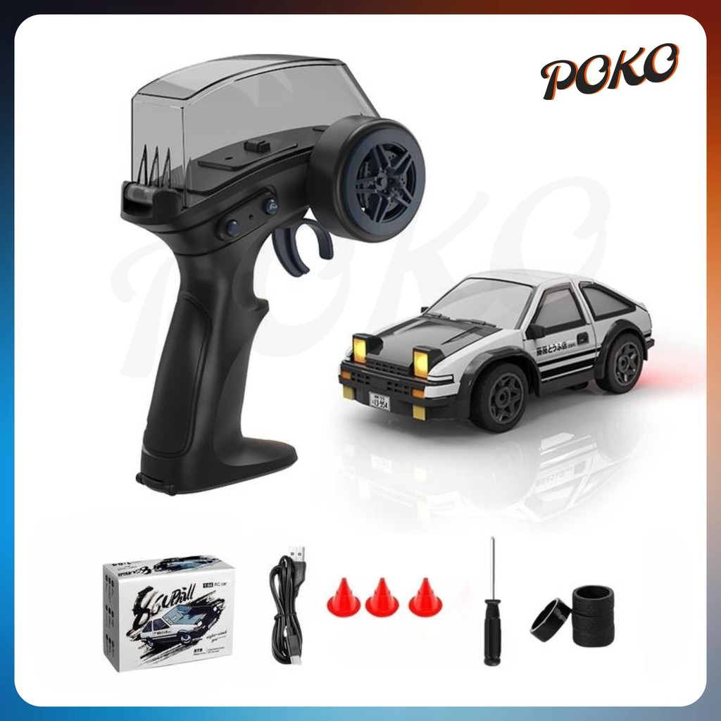POKO Mobil RC Drift Mini 1/64, 4WD Kecepatan Tinggi - Remote Control AE86 dengan Lampu LED & Stiker