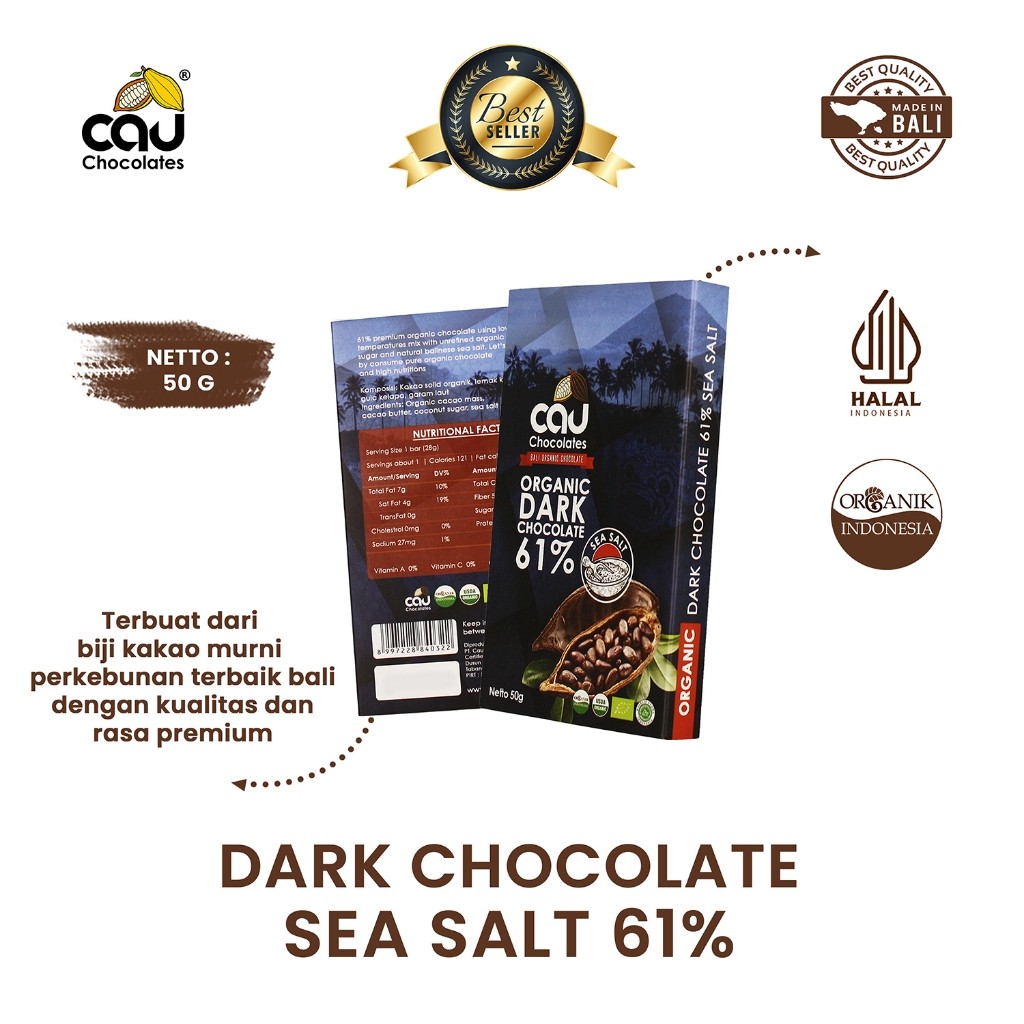 

CAU CHOCOLATES - Organic Dark Chocolate / Coklat Organik 61% with Sea Salt - 50 gr