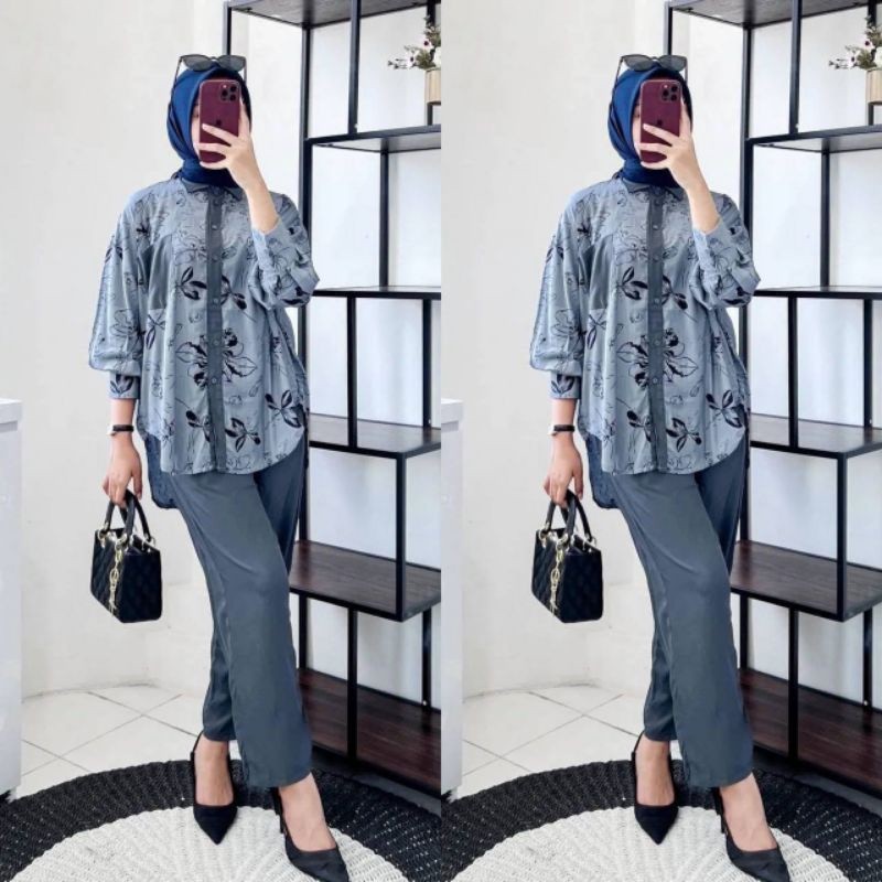 Nadine Set - One Set Wanita Kemeja Rayon Premium Setelan Baju Set Celana Panjang Kekinian LD 110 cm