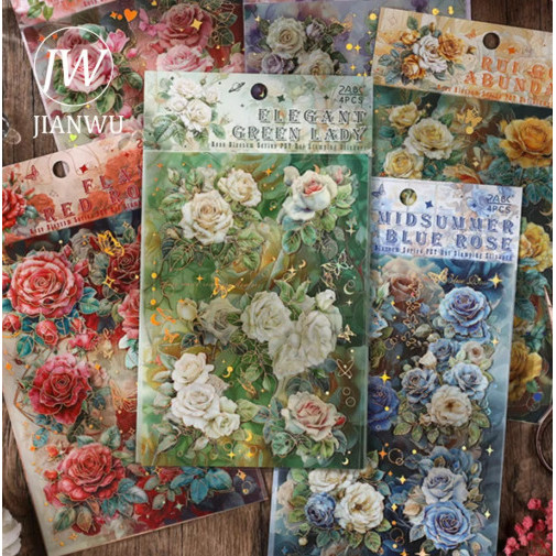 

4 Lembar Hologram Gold Flower IN BLOOM SERIES Sticker Waterproof Roses Vintage Gwiyeo
