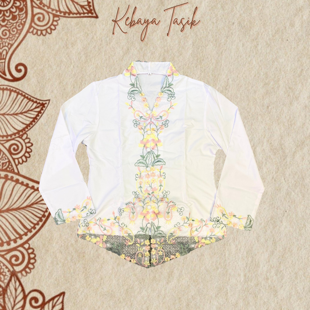 Kebaya Encim Bordir Modern Warna Putih Senada Lengan Panjang Wisuda Kondangan Kantor Modern