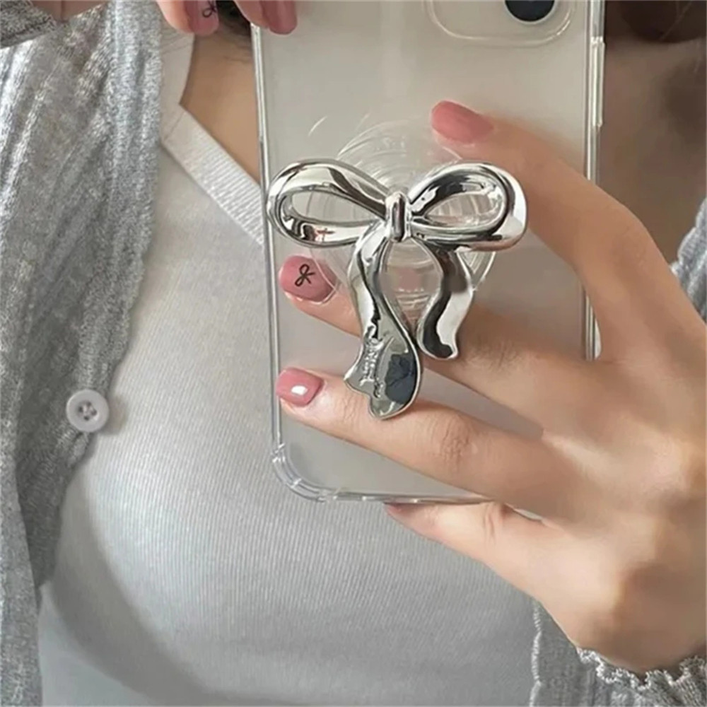 

INS Korean Silver Bowknot Griptok Clear Phone Finger Ring Holder Stand Support For iPhone Samsung Foldable Socket Girl Bracket