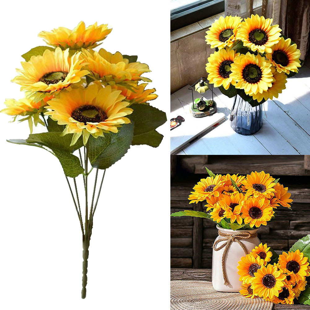 

7 Heads Sunflower Artificial Flowers Bouquet Realistic Outdoor Garden Autumn Decoration Home Floral Arrangement Wedding Decor