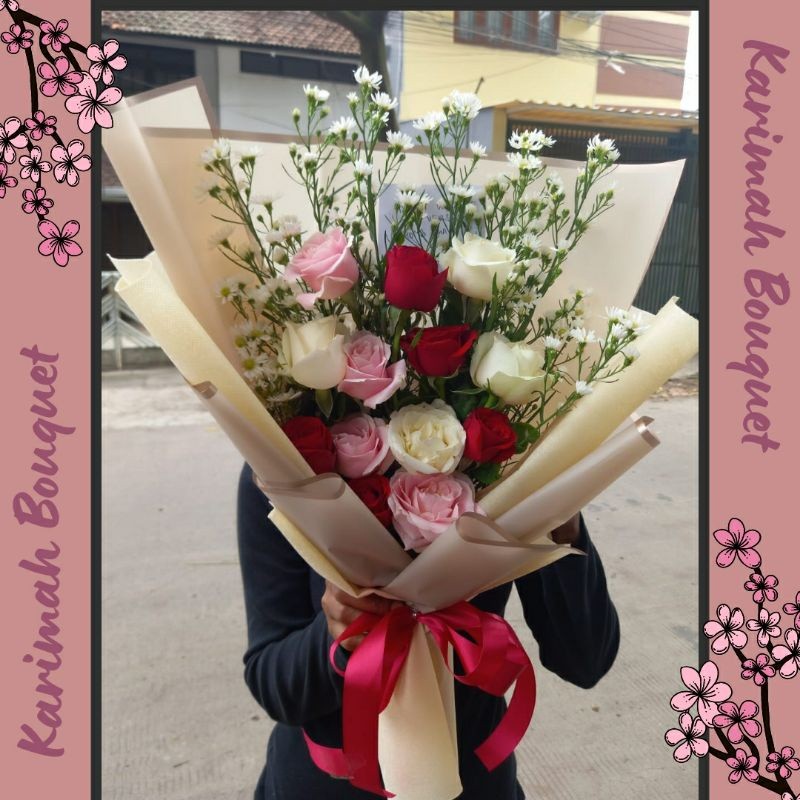 KIRIM INSTANT Buket Bunga JUMBO Wisuda Bandung Flower Hand Bouquet Asli Segar Bucket Fresh Mawar Ros
