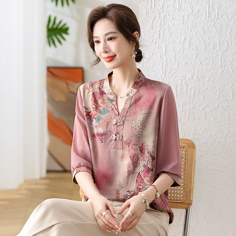 Gesper piring gaun ibu Cina baru di lengan baju kemeja kecil wanita paruh baya hadiah blus gaya Cina