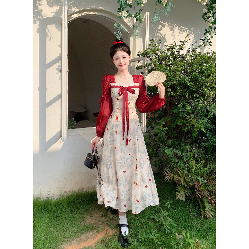 Gaun Lengan Panjang Wanita, Gaun Rok Motif Bunga Gaya China Baru Ukuran Besar