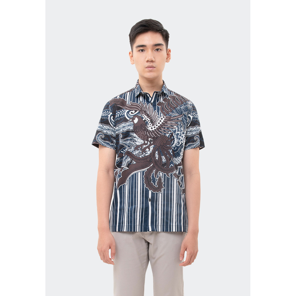 MANZONE - Kemeja Batik Lengan Pendek Pria Handaka Modern Fit - Navy