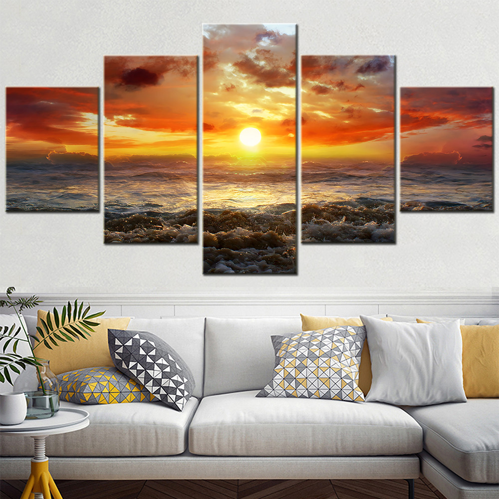

5 Pieces Sunrise at Sea Canvas Paintings - Interior Home Decor Poster Print Modular Wall Art Picture for Bedroom Decoration