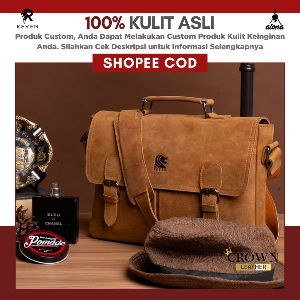 OBRAL/ Reven Leather - Tas Selempang Kulit Asli Pria Cowok Kerja Muat Laptop 11 dan 14 Inch ASGARD S