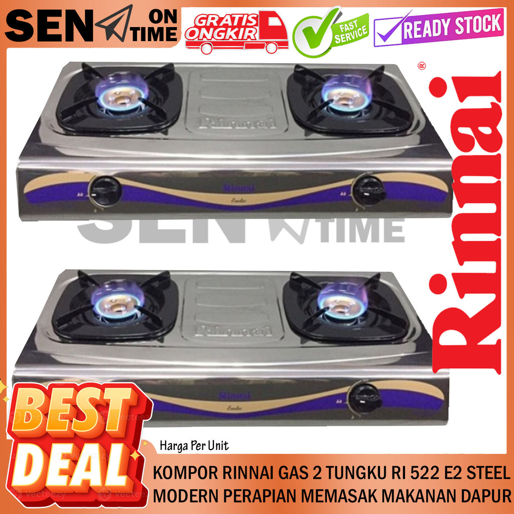 Rinnai Ri 522 E Kompor Gas 2 Dua Tungku Ceflon Memasak Menggoreng Makanan Stainless Steel Anglo Tanu