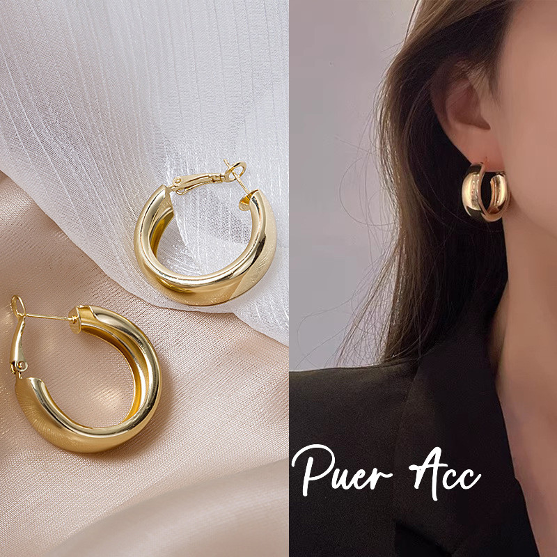 【Puer acc】Anting Hijab Aksesoris Wanita Perhiasan Sederhana Logam Lingkaran Besar Berwajah Lebar Kor