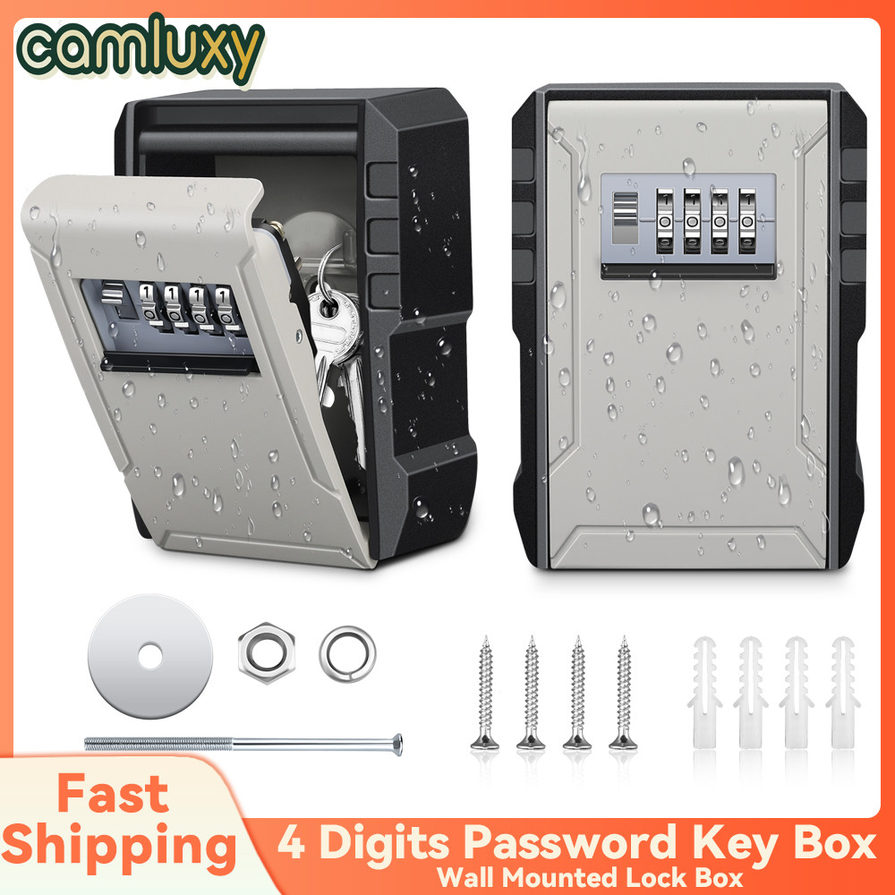 Camluxy Wall Mounted Key Lock Box Safe Box Weatherproof 4 Digit Password Key Storage Box Indoor Outd