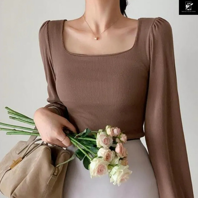 99kOUTLET Square Neck T-Shirt Plain Long Slevee 3342 (S/M/L/XL)