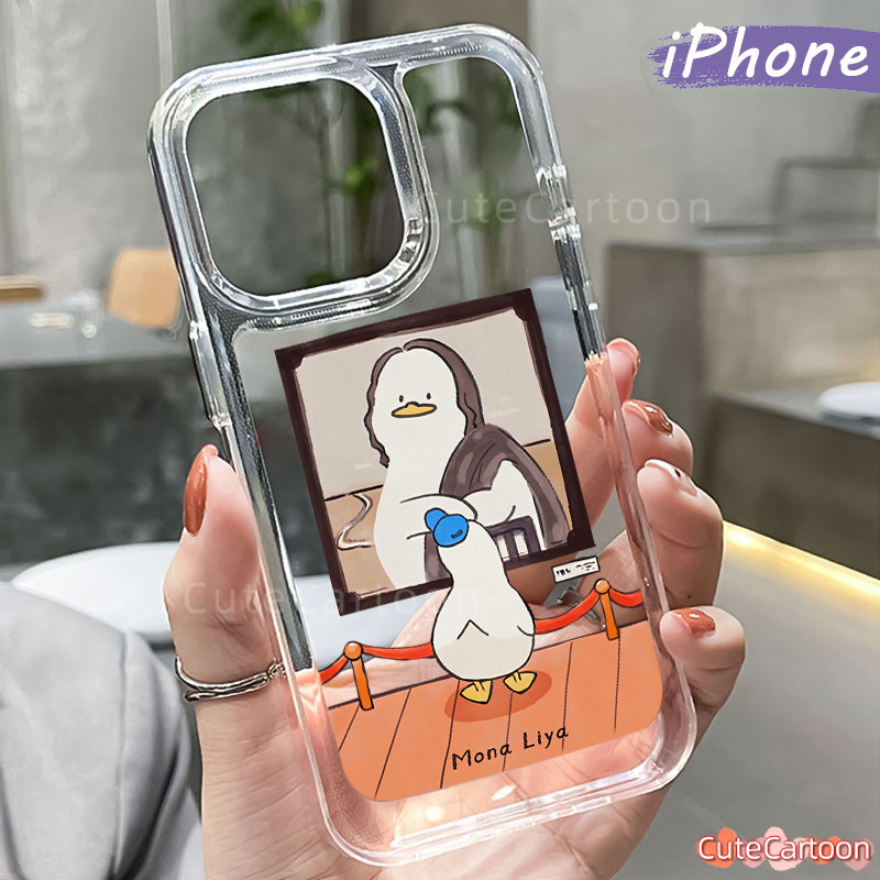Lucu Mona-Lisa-Duck PC Case iPhone 13 15 11 12 14 Pro Max XR X Xs Glossy Cowok Clear Akrilik Hard-Ba