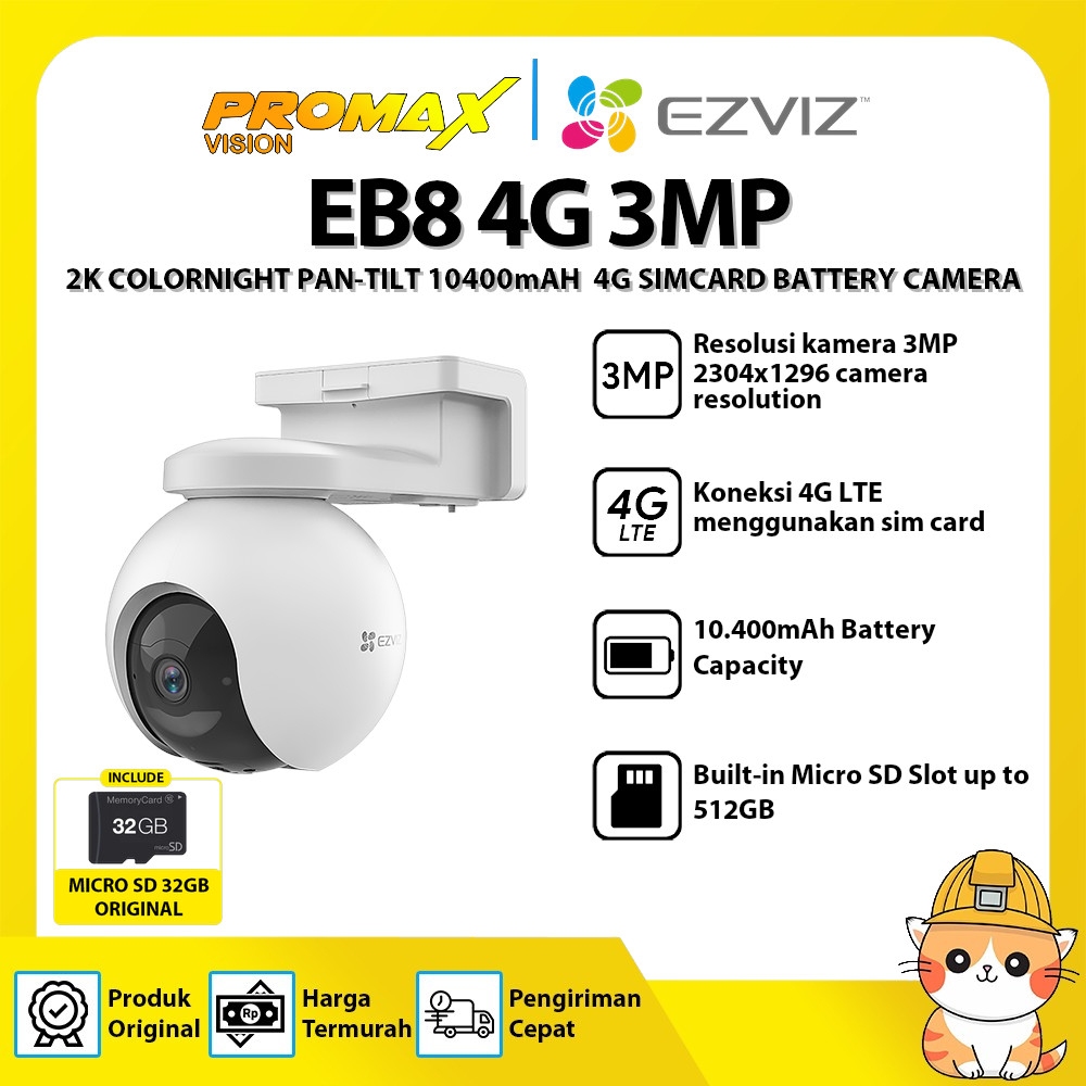 EZVIZ EB8 4G 3MP 2K COLORNIGHT PAN TILT 10400MAH 4G LTE BATTERY CAMERA FREE MICRO SD 32GB