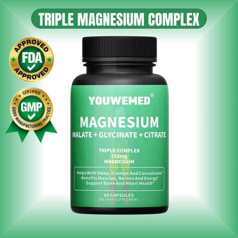 Triple Magnesium Complex, Magnesium Glycinate, Malate & Citrate for Mental Health, 60 Kapsul