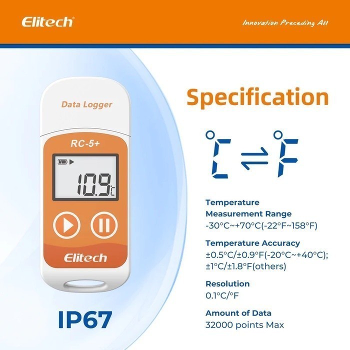 

tyvf RC-5+ ELITECH Temperature Data Logger + PDF RC5+