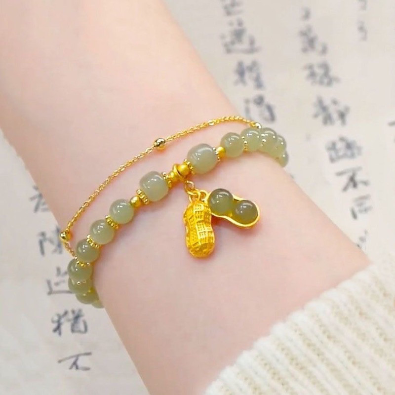 Gelang Giok Asli Batu Kacang Titanium/GELANG PEANUT /Gelang Giok Kacang Wanita Berlapis Emas 18K Ant