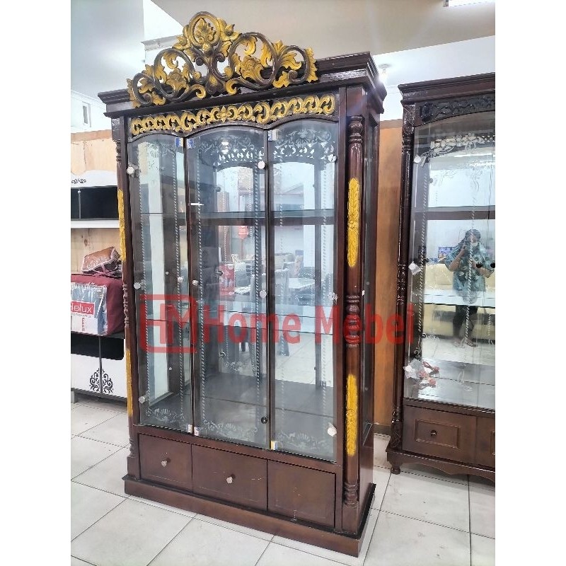 PROMO TERMURAH LEMARI HIAS JATI JEPARA 3 PINTU MAHKOTA LIST GOLD