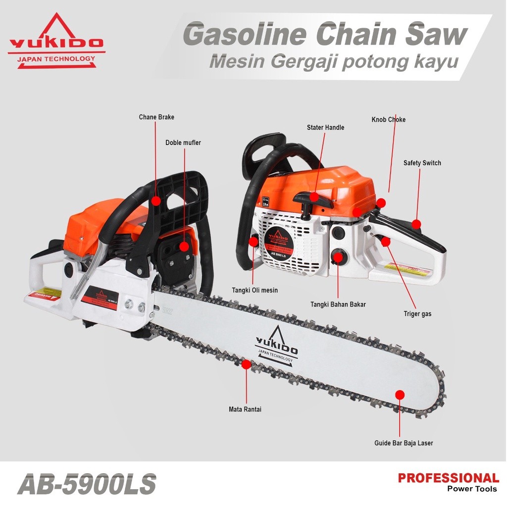 YUKIDO mesin gergaji JAPAN 22inch garansi resmi chainsaw pohon kayu senso 2tak 4tak 22inch bar chain