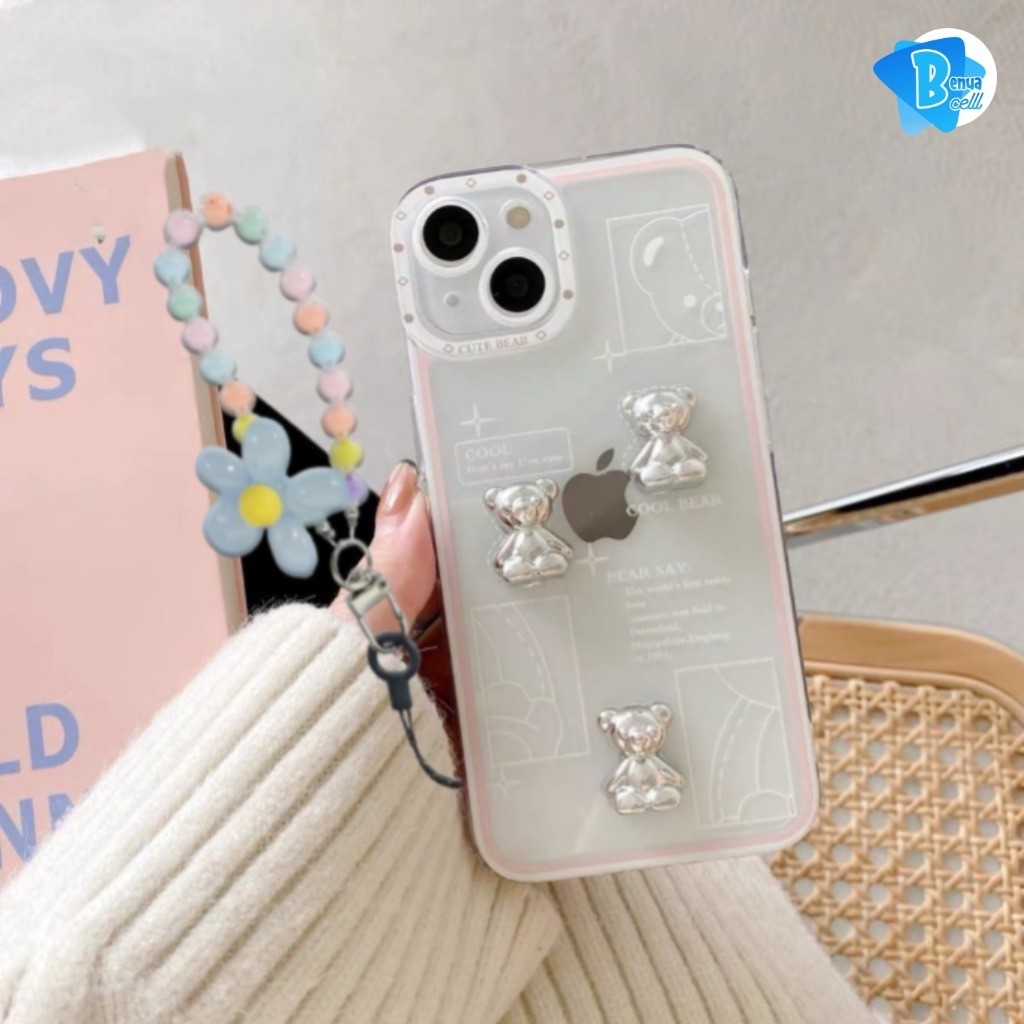 GL061 Softcase Casing Hp 3D Silver Bear Aesthetic With Charm Compatible For OPPO A3S A1K A5S A7 A12 