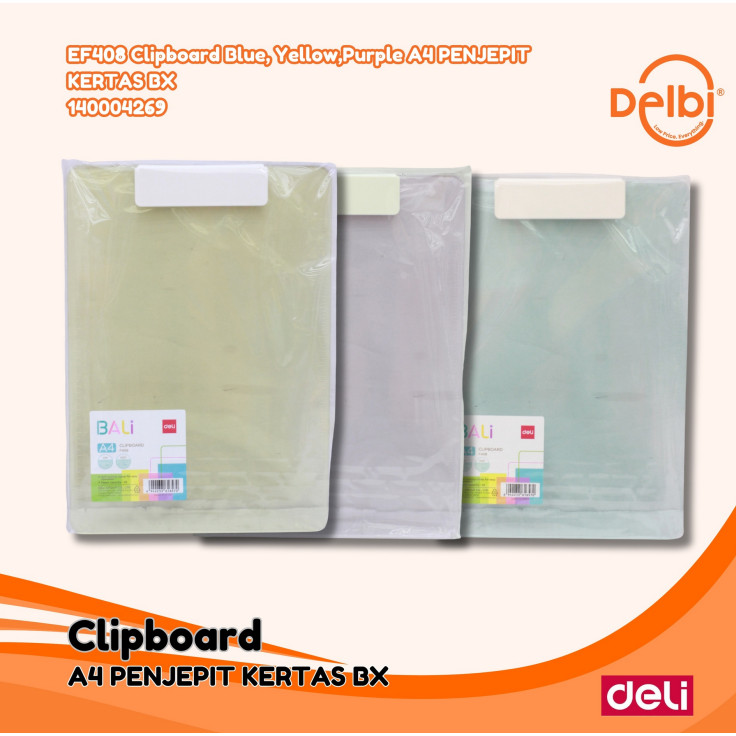 

Deli Papan Jalan / Papan Ujian / Clipboard Folio F4 EF408 Clipboard Blue, Yellow,Purple A4 PENJEPIT KERTAS BX20