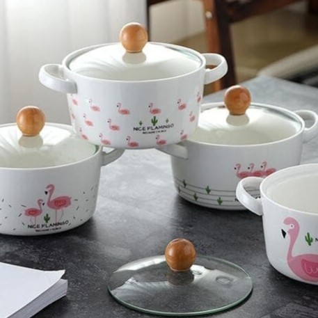 Mangkok Keramik Tutup Kaca Mangkuk Pot Handle - FLAMINGO
