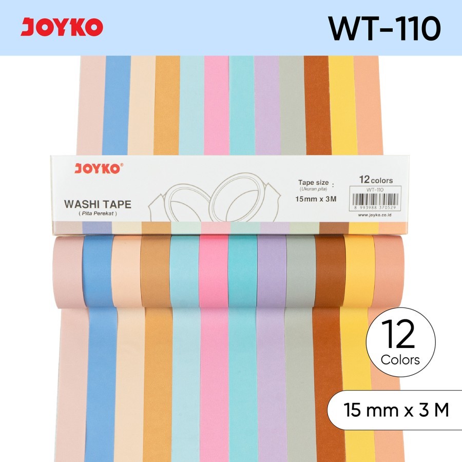 

( Joyko ) 12 Rolls WASHI TAPE Polos Decor Jurnal Dekor Masking Tape Scrapbook WT-110 / Washi Tape Pita Perekat Selotip Kertas Warna Joyko 110 15 mm x 3 M Murah Berkualitas