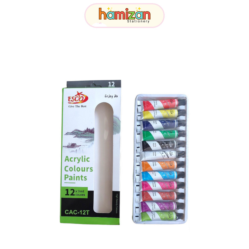 

( 1 set ) Esco Acrylic Color Paint 12 Warna 9 ml / Cat Acrylic Esco warna Neon 12W / Cat Akrilik Esco Murah 12 Color